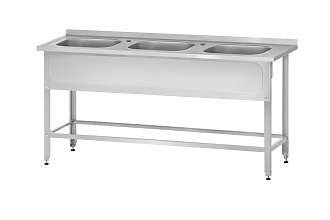 Ванна моечная цельнотянутая ВМЦн - 1800x700x860 Norma Inox, 3 м/о 500x500x300, борт, 2 отв. д/смесит., экран (ножка угловая)