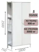 Стеллаж-шкаф СТ-600 с сплошными дверьми и сетчатой стенкой 2500х1900х750, 5 полок