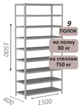 Стеллаж металлический полочный МС-750 1500х1500х400, 9 полок, светло-серый